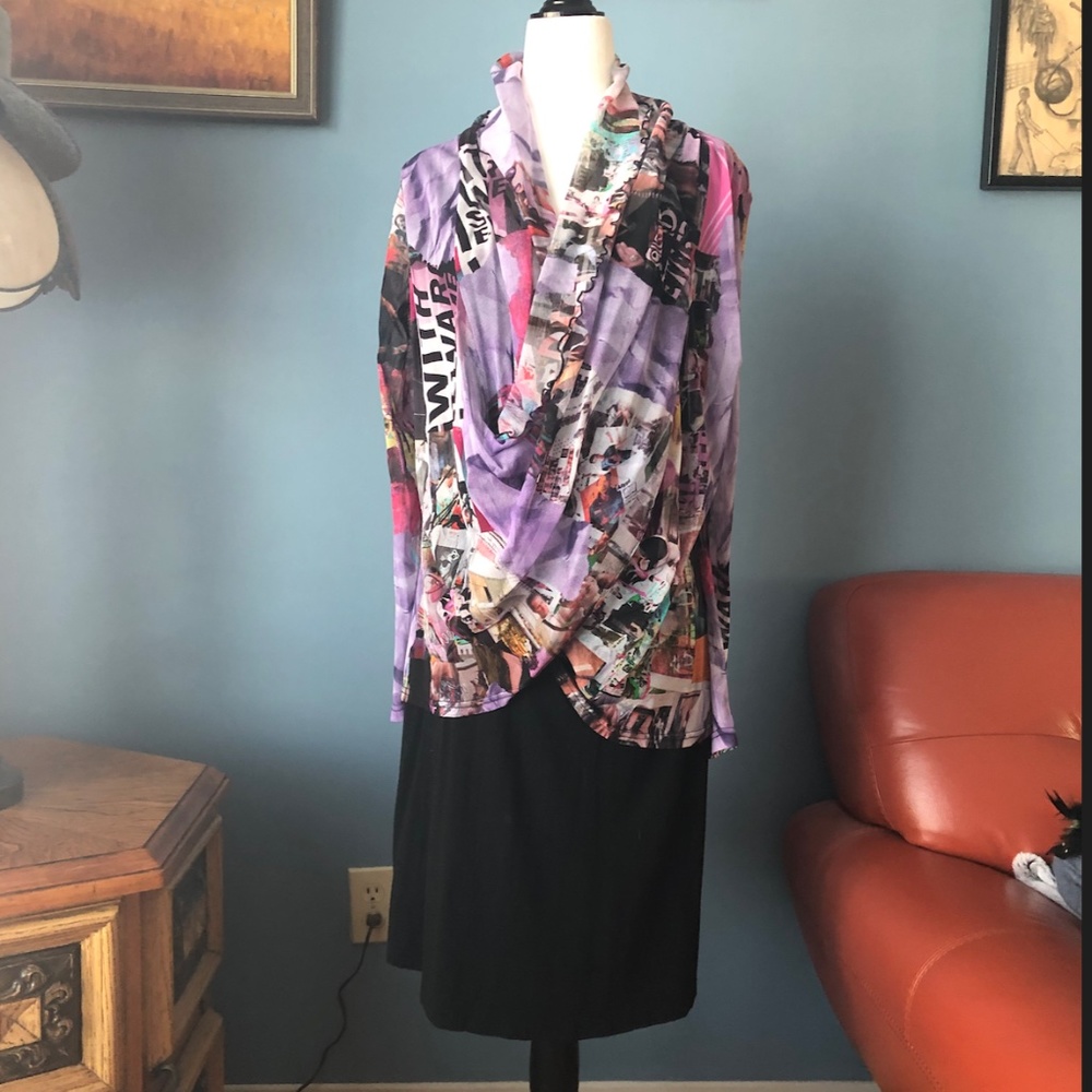 Vintage Simon Chang black and printed mesh overlay long sleeve dress EUC